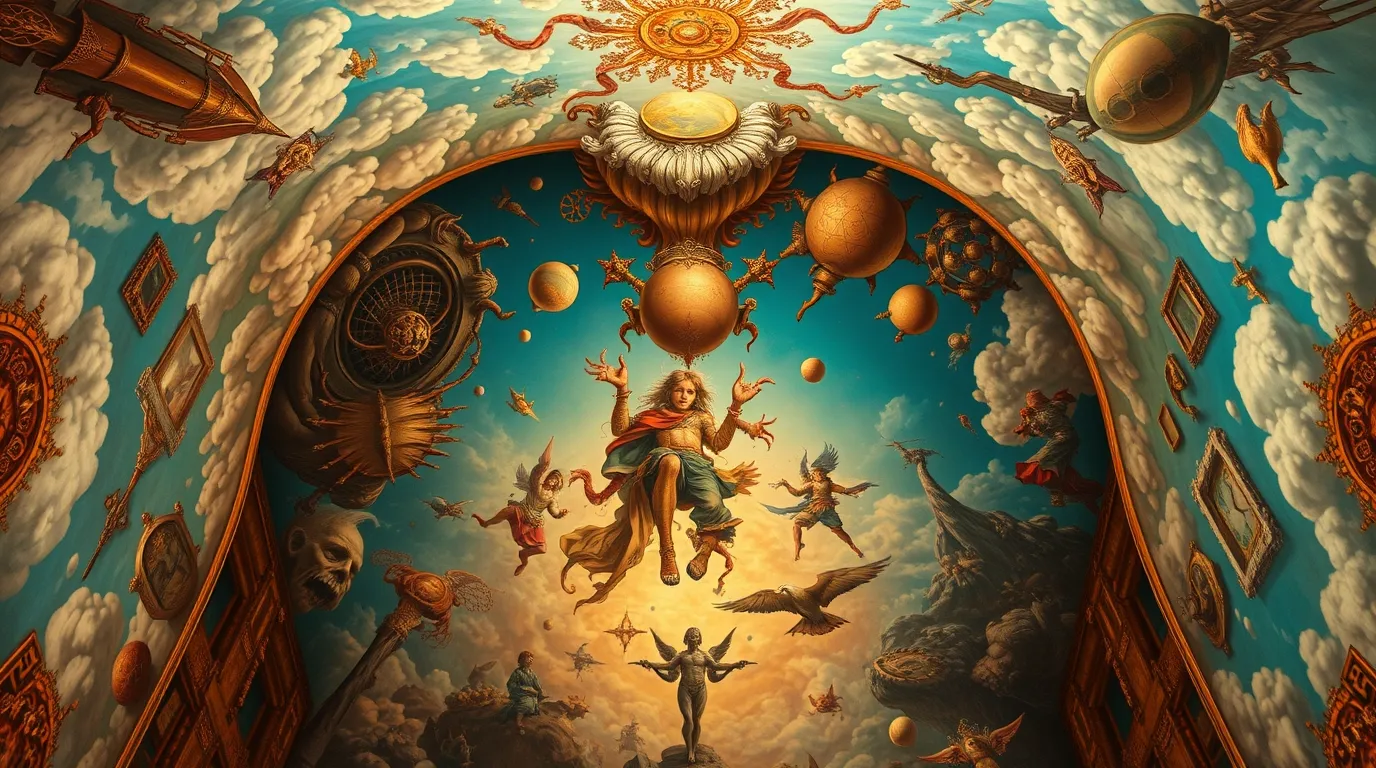 overhead bird's eye view of a dreamlike surreal ceiling painting featuring fantastical elements and bizarre scenes in a top down perspective with a warm golden glow