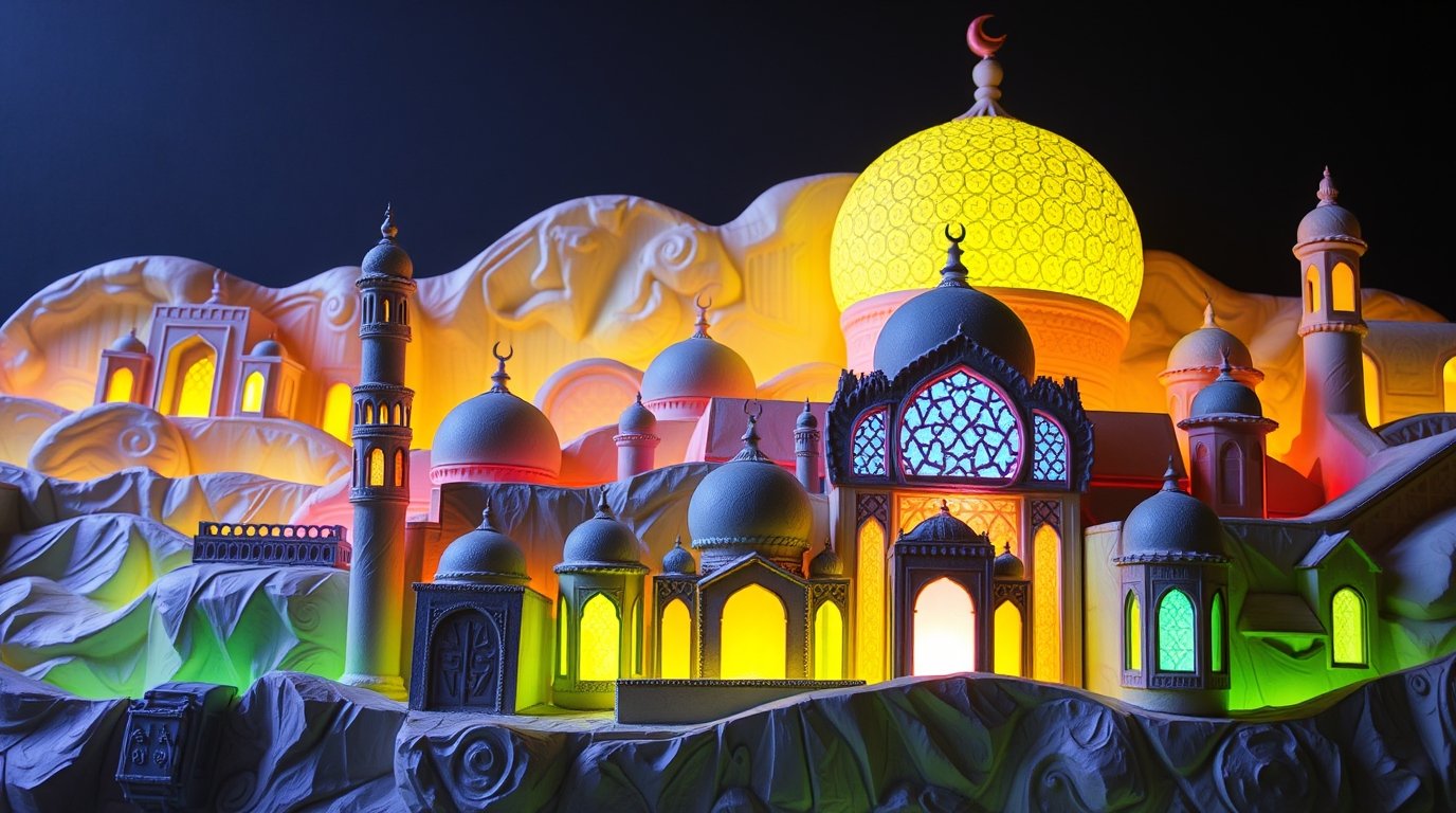 ramadan kareem cleaning services sculpted from glowing bioluminescent papier mâché, vibrant glow from natural light effects, textured layers