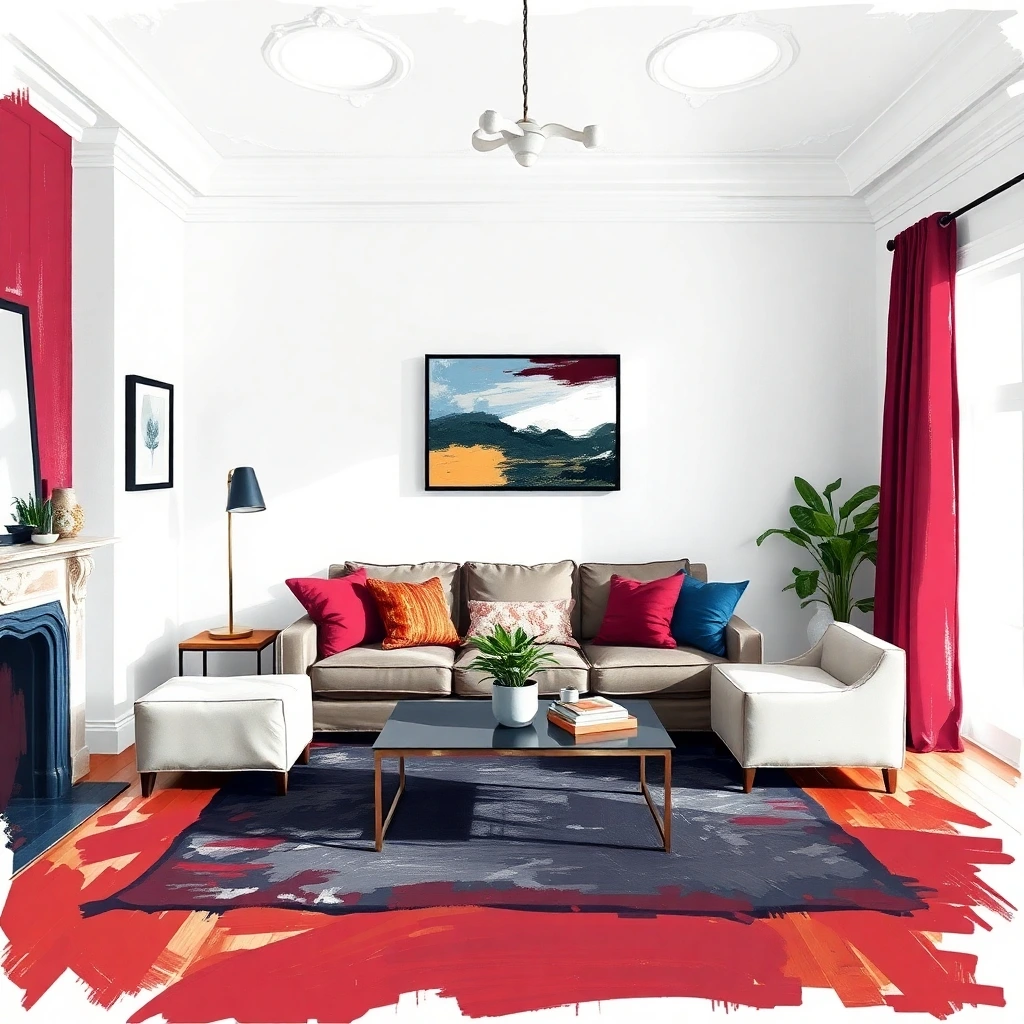 rough, dynamic digital sketch depicting antique white, burgundy, and navy blue paint in a living room, loose painterly strokes, electric vivid colors, epic complementary colors, misty atmospheric effe