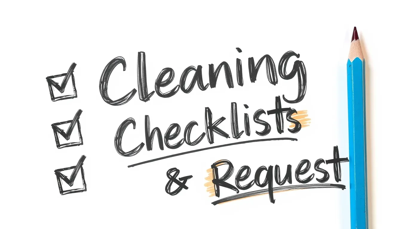 vibrant, hand drawn sketch of cleaning checklists and requests with rough lines, textured pencil strokes, a white background, contrasting colors, and balanced tones