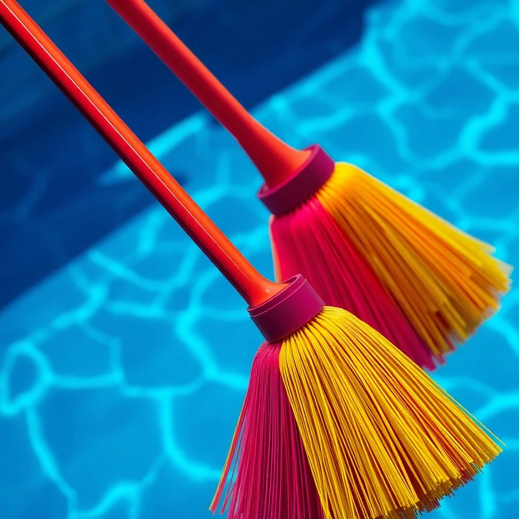 a graceful and elegant depiction of swimming pool cleaning brooms in vivid electric colors, refined features highlighted with a focus on the intricate details of the brooms