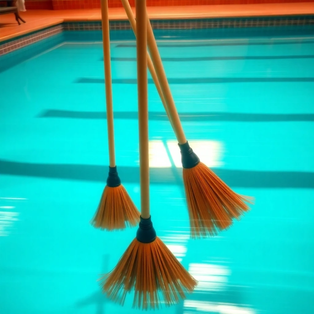 a long exposure photograph of swimming pool cleaning brooms in warm terracotta and cool teal, showcasing earthy and cool contrasts with motion or light trails captured