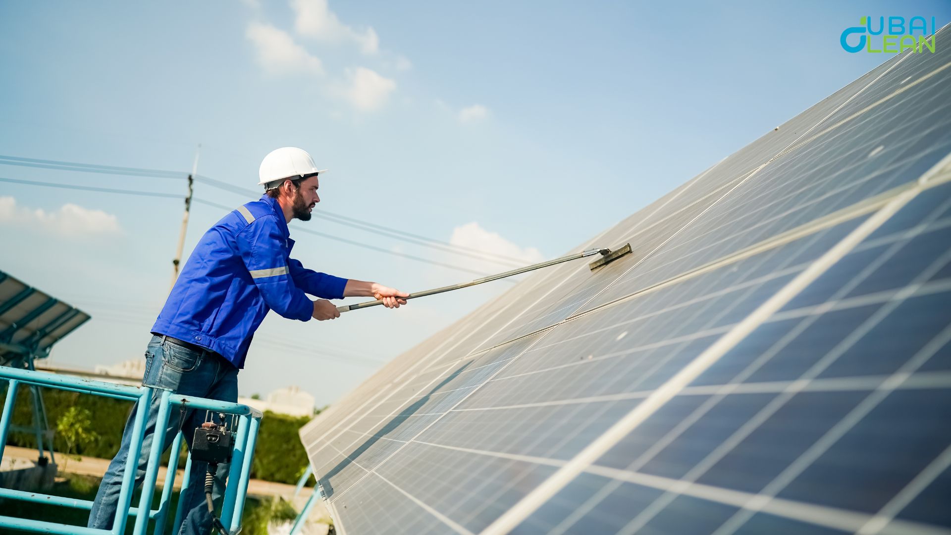 "Professional cleaning solar panels in early morning with proper equipment and safety measures"