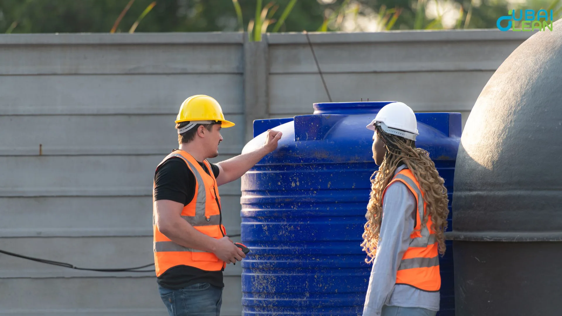 Professional tank cleaning process showing worker in protective gear cleaning large water storage tank with high-pressure equipment in Dubai