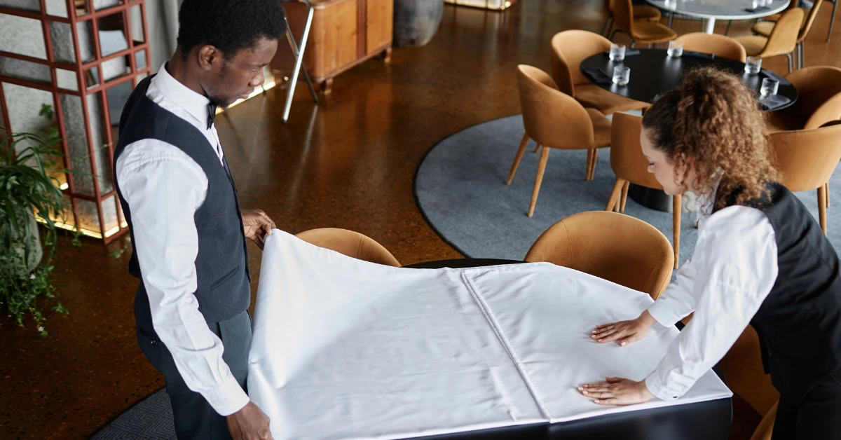 Modern furniture wrapping in progress using wood-textured vinyl on a table