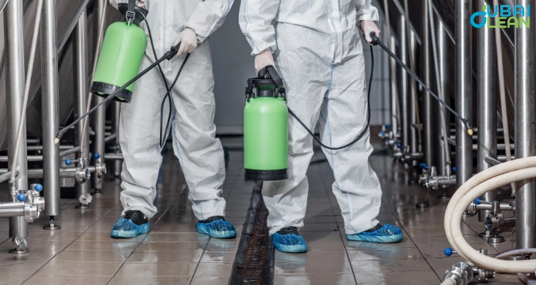 Technician performing pipeline cleaning and disinfection using industrial-grade equipment.