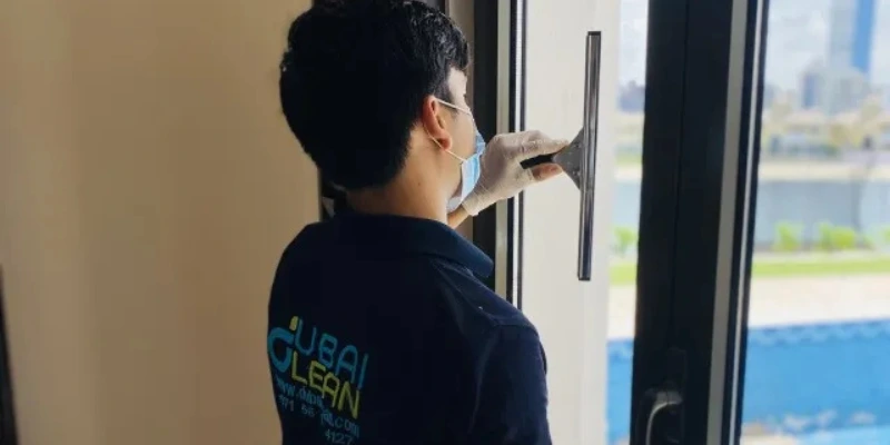 Dusty residential window showing buildup around corners and glass surface – windows need cleaning.