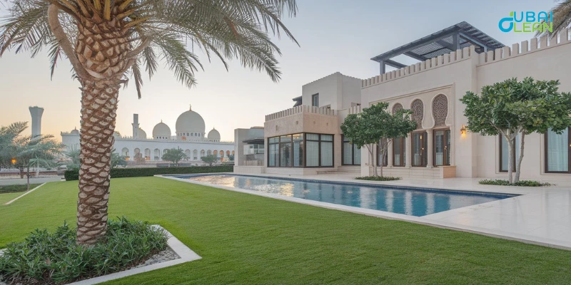 Villa deep cleaning team scrubbing floors and wiping windows in an empty home