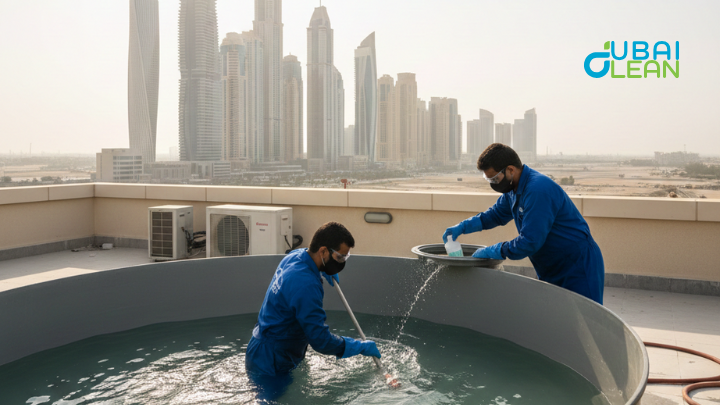 Inspecting the water tank for algae and debris.