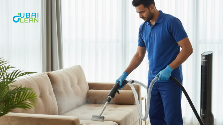 Vacuuming dust from sofa cushions