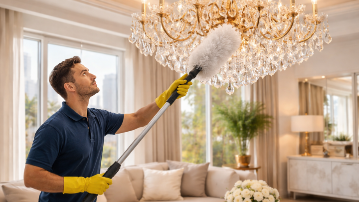 clean chandeliers with dust safe sprays & no ladder
